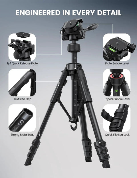 Go To Camera Tripod With Rapid Leg Deployment For DSLR, iPhone And GoPro, 67 Inch Adjustable Stand showing quick release plate