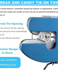Rock The Bench With This Hottest Semi-Auto Twist Tie Machine For Sealing And Bundling Bags Of Bread Or Toys Fast Using Metallic Wire At 40 Per Minute Compact Design Saves Sweet Shop Space, showing curved tie opening and diameter range 0-10mm.