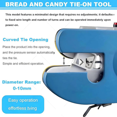 Rock The Bench With This Hottest Semi-Auto Twist Tie Machine For Sealing And Bundling Bags Of Bread Or Toys Fast Using Metallic Wire At 40 Per Minute Compact Design Saves Sweet Shop Space, showing curved tie opening and diameter range 0-10mm.