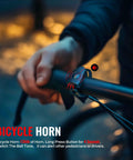 Person gripping handlebars showing bike horn from Two Pack Bike Lights With Horn, 1400LM USB Rechargeable Front Headlight And Tail Light