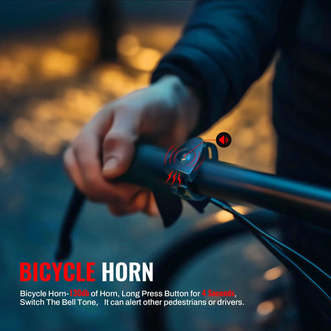 Person gripping handlebars showing bike horn from Two Pack Bike Lights With Horn, 1400LM USB Rechargeable Front Headlight And Tail Light