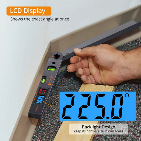 16 Inch Digital Angle Finder Protractor With 225 Degree Range, Aluminum Body, LCD Backlight showing precise angle measurement