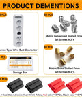 Workhorse 14-12 Gauge Wire Butt Connectors Kit With 20 Screw Type Splices Included Brass And Galvanized Screws Durable Mechanical Splice Sleeves For Solid And Stranded Conductors Plus 20 Pieces 3 To 1 Heat Shrink Tubing, showing storage box, connectors, screws, and heat shrink tubing in red and black.