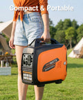 Person holding Beefy 2800 Watt Portable Inverter Generator For Home And Camping Use Gas Powered Quiet Emergency Backup