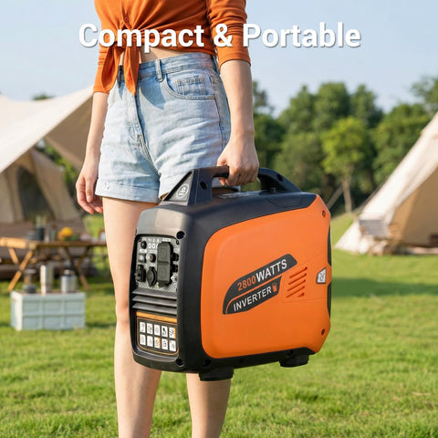 Person holding Beefy 2800 Watt Portable Inverter Generator For Home And Camping Use Gas Powered Quiet Emergency Backup