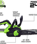 Powerful 24 Volts Cordless Chainsaw Using 10 Inch Low Recoil Bar For Storm Cleanup Branch Trimming And Firewood Processing Fast Badass Cutting Power Heavy Duty Tools Only, showing wrap-around handle and hand guard.
