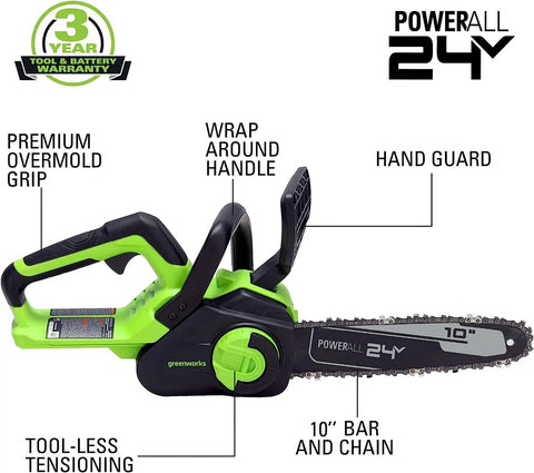 Powerful 24 Volts Cordless Chainsaw Using 10 Inch Low Recoil Bar For Storm Cleanup Branch Trimming And Firewood Processing Fast Badass Cutting Power Heavy Duty Tools Only, showing wrap-around handle and hand guard.