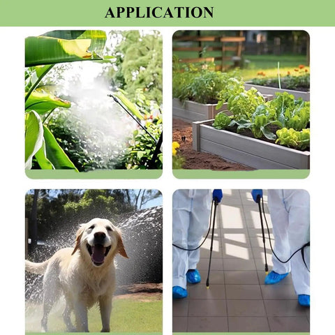 Rechargeable Garden Sprayer Wand with 2000mAh Battery, spraying plants in garden and cleaning patio, 10ft hose visible.