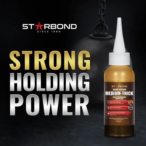 Premium Dark Brown Super Glue 2 Oz Medium Thick Cyanoacrylate Adhesive For Woodworking Woodturning Carpentry Guitar Build RC Hobby Knot Filler With Badass Quick Set Grip in a dark environment.