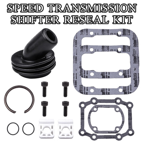 Shifter Reseal Kit For 5 Speed Transmissions With Complete Gasket Set And Hardware For 1987 To 2001 Ford F Series Three Quarter Ton And One Ton Trucks Includes Shifter Housing Gaskets Boots O Rings Snap Ring Bolts And Guide Inserts., kit parts laid out on white