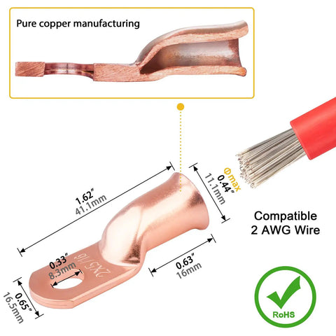 Heavy Duty 2 Gauge To Five Sixteenth Inch Copper Lug Ring Terminals Kit With Ten Connectors And Red Black Dual Wall Heat Shrink Tubing For Battery Cables Premium Annealed Electrolytic Copper Lugs, 2 AWG copper lug
