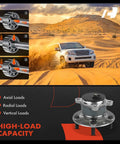 Diagram of rear wheel bearing and hub assembly with 4x4 SUV in desert illustrating high-load capacity for off-road use.