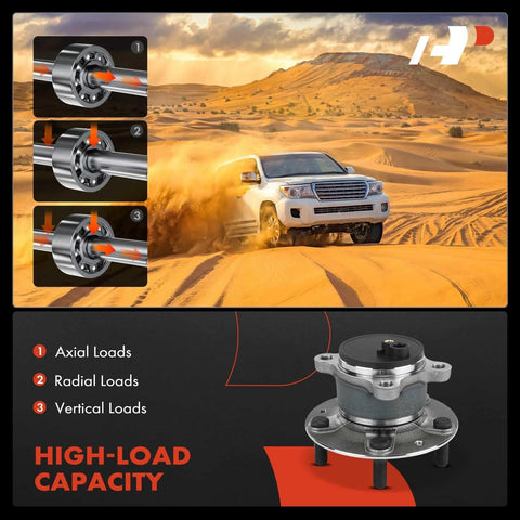 Diagram of rear wheel bearing and hub assembly with 4x4 SUV in desert illustrating high-load capacity for off-road use.