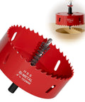 Red 4-inch Bi-Metal M42 hole saw with pilot bit for PVC, drywall and wood.