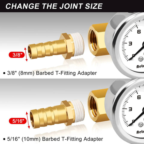 AetralYB inline fuel pressure regulator with gauge; brass 3/8 in and 5/16 in barb adapters, 1/8 in NPT gauge