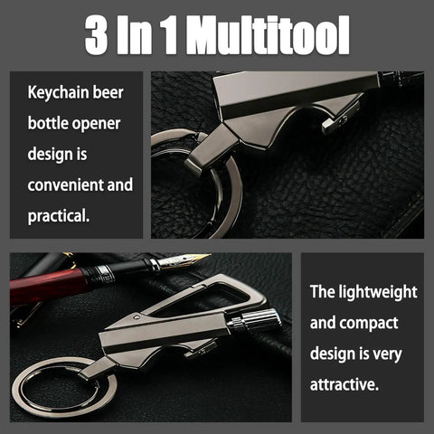 Three In One Outdoor Lighter With Multitool Keychain And Bottle Opener on leather surface