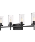 Winslett Lit Matte Black Bath Vanity Light With Clear Ribbed Glass Shades Transitional Steel Fixture Durable Finish Easy Install