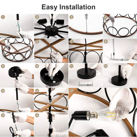 Step-by-step installation of Rustic Black Wood Drum Chandelier With Eight Lights 23.25 Inch Diameter Modern Industrial Pendant