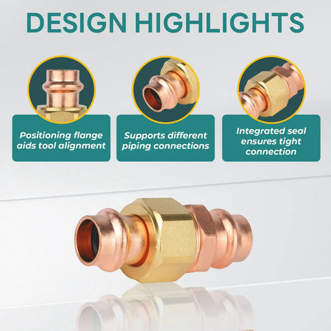 100 Pack Copper Union Coupling Fittings 1 X 1 Inch Press Connectors design highlights showing alignment and sealing features.