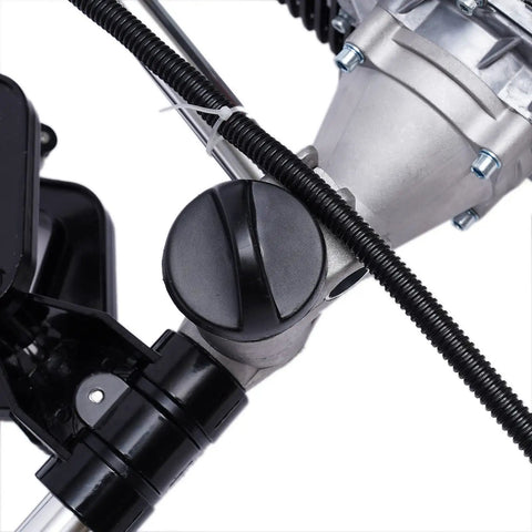 Close-up of tiller control and air cooling system on Powerful 4HP 53.2cc 4-Stroke Outboard with 22 Inch Drive Shaft
