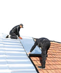 Two men applying Heavy Duty Asphalt Roof Shingle Repair Tape With Thick Aluminum Foil Backing on a sloped roof.