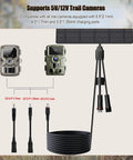 Diagram showing 10W Trail Camera Solar Charger with 10400mAh Battery for Security and Trail Cams, USB C and DC Ports, cable detail