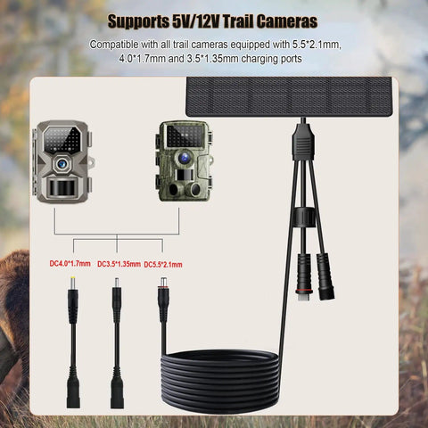 Diagram showing 10W Trail Camera Solar Charger with 10400mAh Battery for Security and Trail Cams, USB C and DC Ports, cable detail