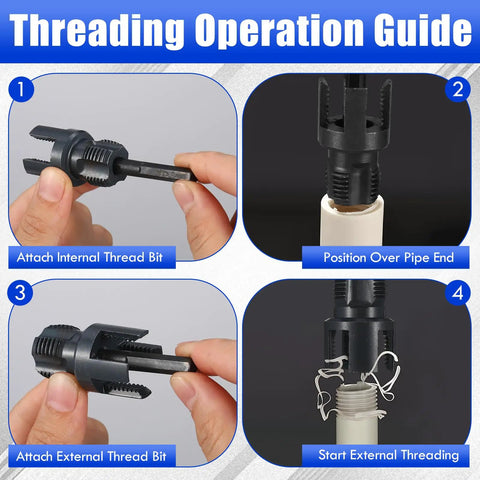 Lanties 2 Pcs Pipe Threader Kit For Fast Diy Plumbing Repairs and Irrigation Setups, guide for using internal and external thread bits.