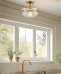 Zurich 12 Inch Rustic Semi Flush Mount Ceiling Light With Glass Shade And Oil Rubbed Bronze Finish Antique Brass Accents installed