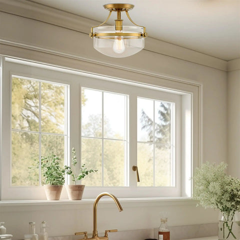 Zurich 12 Inch Rustic Semi Flush Mount Ceiling Light With Glass Shade And Oil Rubbed Bronze Finish Antique Brass Accents installed