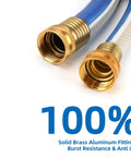 Two blue garden hoses with brass threaded fittings and PVC construction