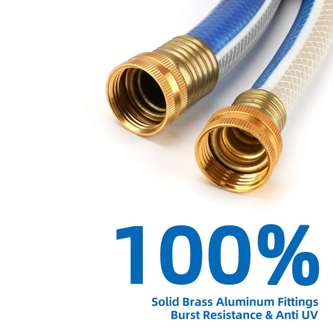 Two blue garden hoses with brass threaded fittings and PVC construction