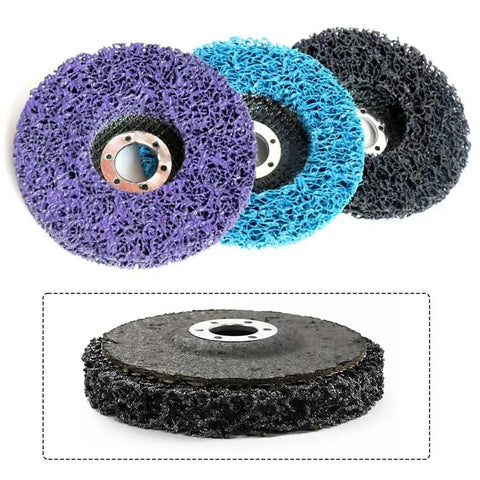 Dense Poly Strip Abrasive Disc Wheels For Paint Rust Removal Angle Grinder Six Piece Set showing assorted color discs with hub.