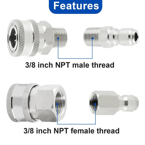 Wayona 8‑pc stainless steel pressure washer quick‑connect kit; 3/8 in NPT male and female fittings for power washers