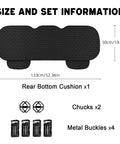 Universal Black Back Seat Cover With Storage Pocket For Cars Trucks And SUVs with sizes and buckle details shown