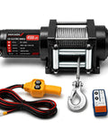 Top Tier 4500Lbs Electric Winch With Heavy Duty Steel Cable And Wired Remote Control showing winch, wired remote, and steel hook.