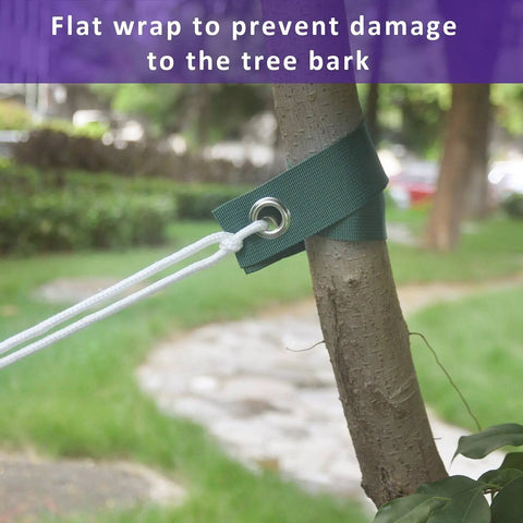 Green tree strap securing young tree with rope, part of All In One Steel Tree Stake Kit For Young Trees, Heavy Duty Tree Supports.