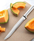 Heavy Duty Serrated Slicer Knife Pair Featuring Wide Double Sided Blades And Deep Teeth That Chews Through Crusty Bread And Tough Produce Without A Sweat Forged From T420 High Carbon Stainless Steel Holds A Razor Sharp Edge Handles Any Daily Kitchen with cantaloupe slices.