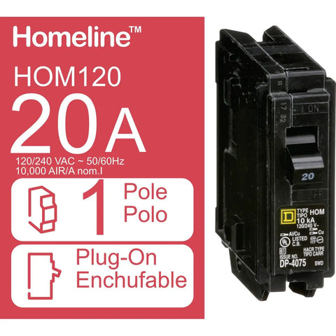 Homeline 20 Amp 120 Volt Plug In Circuit Breaker 1 Pole UL Listed 10 kA AIR Standard Type 10 Pack