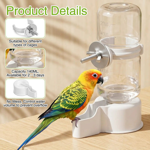 Large Capacity Automatic Bird Water Dispenser For Cage With Spill Proof Design showing a colorful parakeet with 140ml unit.