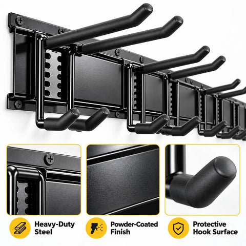 Hella Sturdy Garage Tool Organizer Wall Mount With Rock Solid Heavy Carbon Steel Frame 66 Inch showing hooks and sturdy frame.