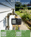 Two Zone Sprinkler Timer For Garden Hose With Battery Power attached to outdoor faucet next to garden, display showing time settings.