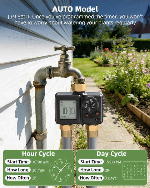 Two Zone Sprinkler Timer For Garden Hose With Battery Power attached to outdoor faucet next to garden, display showing time settings.