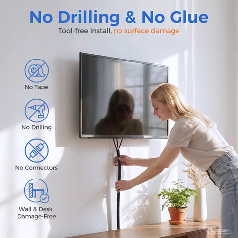Cool Cable Sleeve Kit That Keeps Your Pets Off Wires And Saves You From Messy Cords On The Desk Or TV Stand With Easy Split Design For Super Simple Setup Today. 10ft PVC cable sleeve on wall-mounted TV, no drilling, no glue