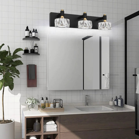 Three Light Crystal Bathroom Vanity Light Fixtures Over Mirror Black Modern Dimmable LED Wall Lights Above Vanity