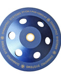 Top view of a blue Non Threaded 7 Inch 12 Segment PCD Concrete Grinding Cup Wheel For Heavy Duty Grindin Surface Prep And Coating Removal