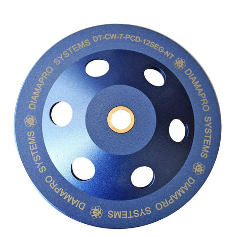 Top view of a blue Non Threaded 7 Inch 12 Segment PCD Concrete Grinding Cup Wheel For Heavy Duty Grindin Surface Prep And Coating Removal