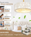 17.7Inch Shell Fandelier Ceiling Fan with Light,Boho Caged Chandelier Fan showing wind speed settings and room size details.