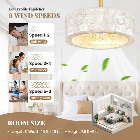 17.7Inch Shell Fandelier Ceiling Fan with Light,Boho Caged Chandelier Fan showing wind speed settings and room size details.