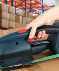 Heavy Duty Electric Hand Strapping Machine For Half To Five Eighth Inch PP PET Straps Friction Seamer Cartoning in use on cardboard.